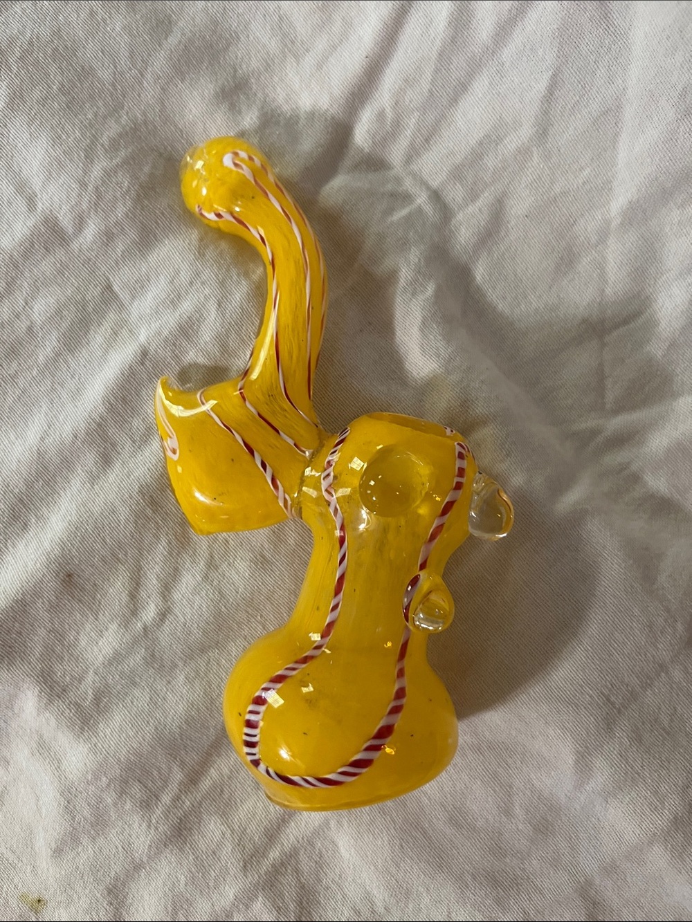 Yellow Hand-Blown Glass Bubbler  with Red-White Swirl